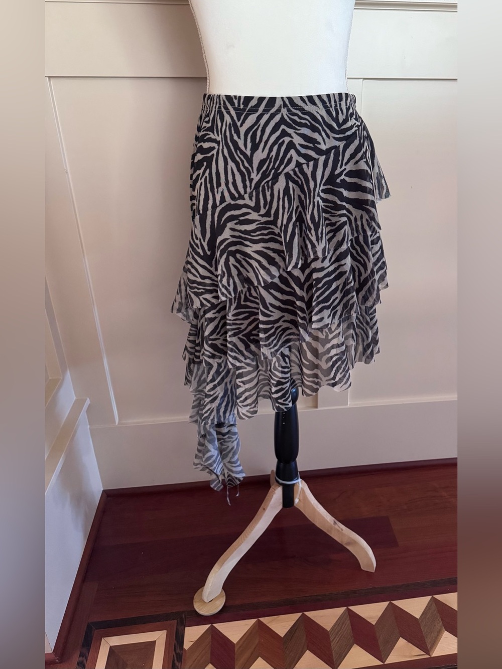 Zebra-Print Asymmetrical Ruffle Skirt - Black &Tan